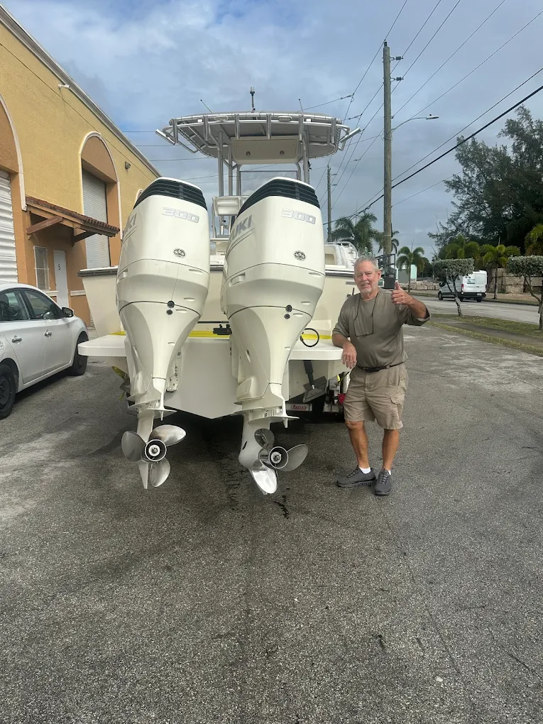 Happy Point Marine Corp customer with twin Suzuki 300 outboards on custom bracket install